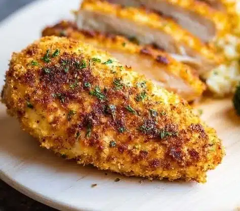 Air Fryer Chicken Breast 4 Deliciously cooked air fryer chicken breast served on a plate with herbs.