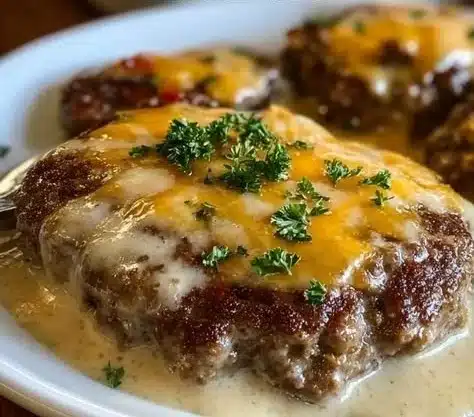 Amish Hamburger Steak Bake served with mashed potatoes and gravy