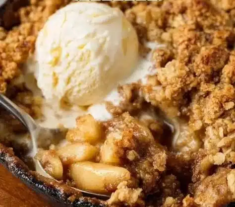 Delicious apple crumble dessert topped with a crispy layer, served warm.