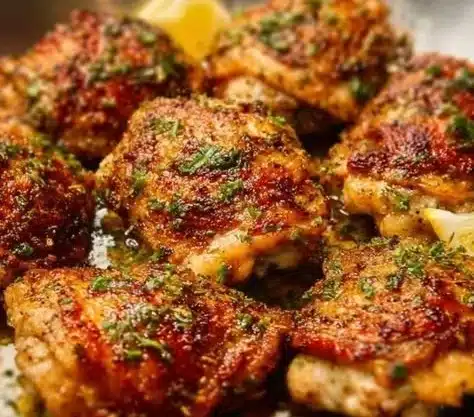 Juicy baked chicken thighs garnished with herbs and served on a plate