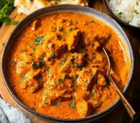 Delicious butter chicken served with naan and garnished with cilantro