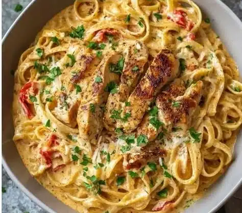Bowl of flavorful Cajun Chicken Pasta garnished with parsley