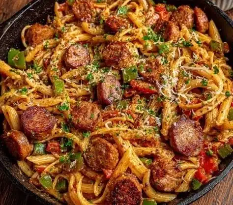 Bowl of Cajun sausage pasta garnished with parsley and red peppers.