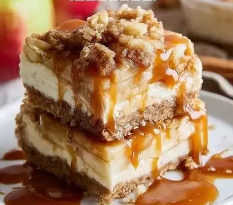 Caramel Apple Cheesecake Bars 14 Delicious Caramel Apple Cheesecake Bars with a creamy layer and caramel drizzle.