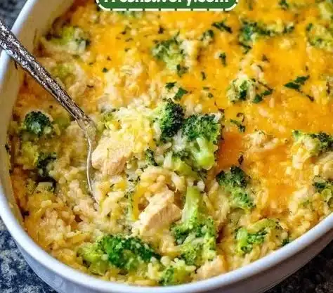 Cheesy Chicken Broccoli Rice Casserole 25 Cheesy Chicken Broccoli Rice Casserole with creamy sauce and fresh broccoli