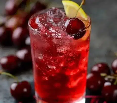 Cherry Bomb cocktail served in a glass with cherries and colorful garnish