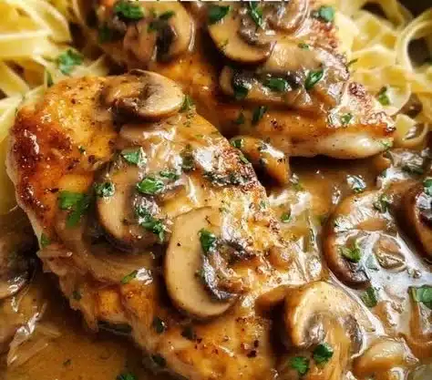 A delicious plate of Chicken Marsala with mushrooms and parsley garnish.