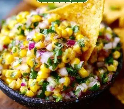 Fresh corn salsa with vibrant vegetables and herbs in a bowl.