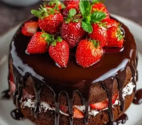Chocolate Strawberry Cake 4 Delicious Chocolate Strawberry Cake topped with fresh strawberries and chocolate ganache.