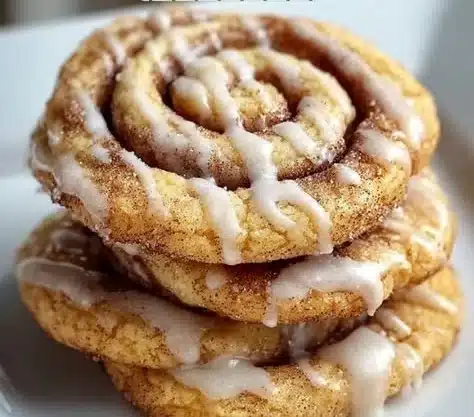 Cinnamon Roll Cookies 13 Delicious cinnamon roll cookies drizzled with icing on a white plate.