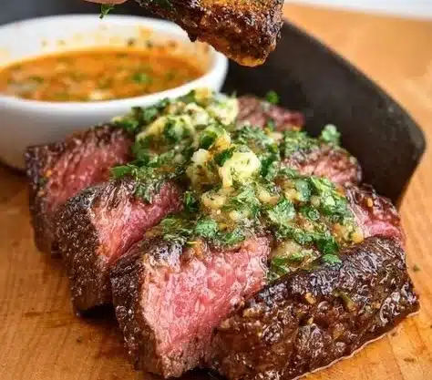 A dish featuring Cowboy Butter spread on grilled steak, showcasing its rich flavor.