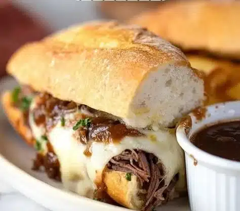 Crock Pot French Dip Sandwiches served with au jus for dipping