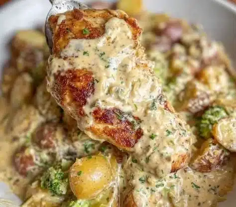 Garlic Parmesan Chicken and Potatoes 10 Garlic Parmesan Chicken with roasted potatoes on a plate, garnished with herbs.