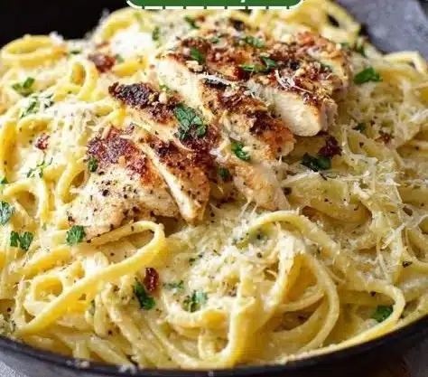 Plate of creamy Garlic Parmesan Chicken Pasta topped with grated parmesan and parsley.