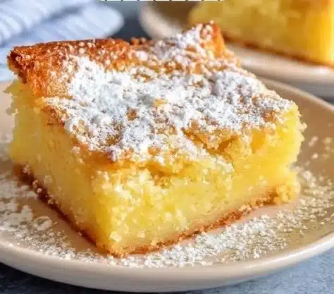 Delicious slice of Gooey Butter Cake on a plate with a fork