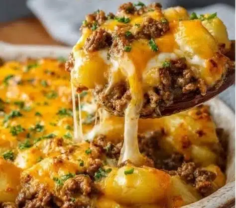 Ground beef and potatoes casserole baked in a dish, topped with cheese.