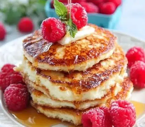 Delicious healthy cottage cheese pancakes served with berries and maple syrup.