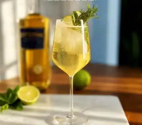 A refreshing glass of legendary authentic Hugo Spritz cocktail with garnishes.