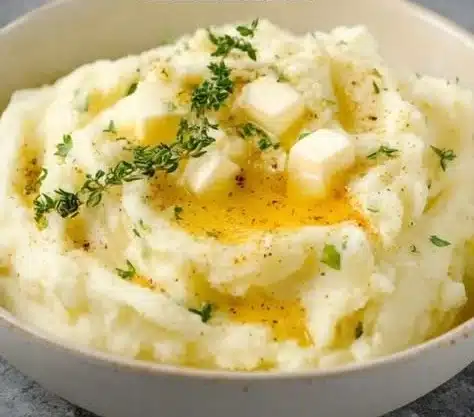 Creamy mashed potatoes served in a bowl with butter and herbs on top.