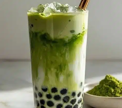 A refreshing glass of matcha bubble tea with boba pearls topped with green matcha powder
