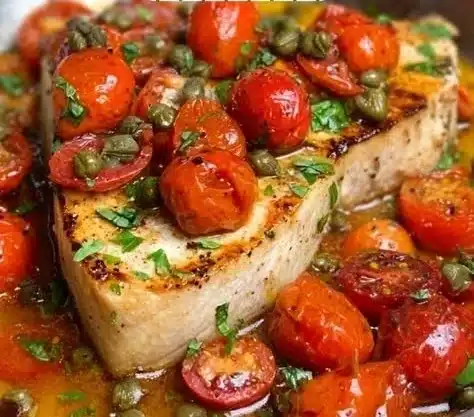 Grilled Mediterranean marinated swordfish served on a plate with herbs and lemon.