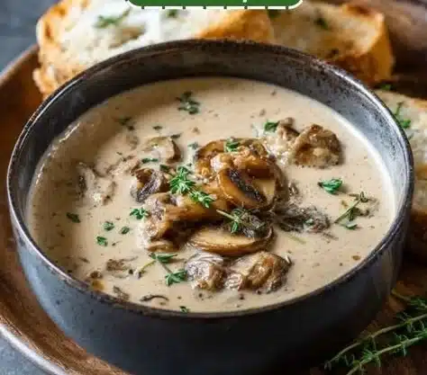 Mushroom Soup 5 Bowl of creamy mushroom soup garnished with herbs and crackers