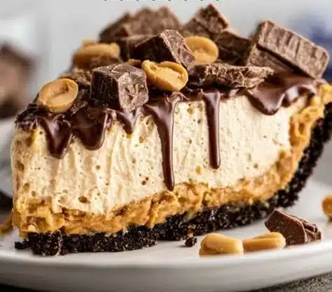 No Bake Peanut Butter Pie topped with chocolate and peanuts.