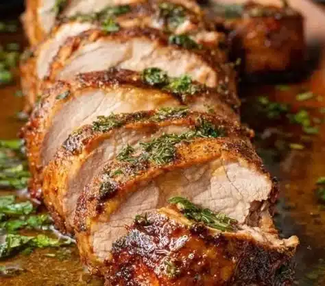 Perfectly seared pork tenderloin on a cutting board, garnished with herbs.