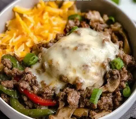 Philly Cheesesteak Bowl 5 Philly Cheesesteak Bowl with beef, cheese, and fresh vegetables