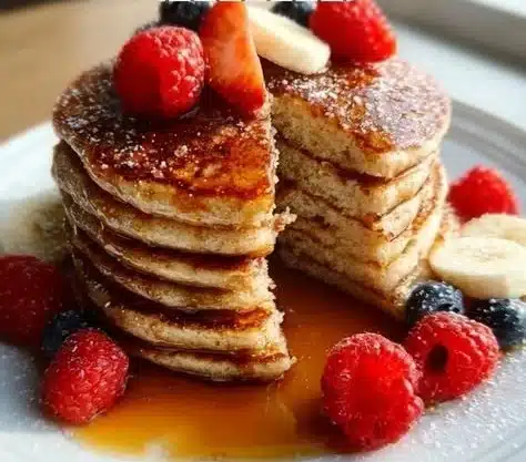 Protein Pancakes 2 Stack of protein pancakes topped with fresh fruits and maple syrup