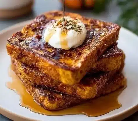 Pumpkin French Toast 31 Delicious Pumpkin French Toast served with syrup and whipped cream.