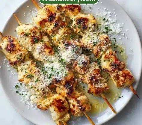 Ranch Garlic Parmesan Chicken Skewers served on a platter with herbs