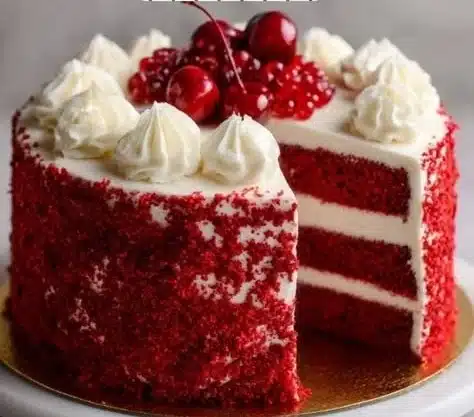 Red Velvet Cake 4 A delicious slice of Red Velvet Cake with cream cheese frosting and decorative sprinkles.
