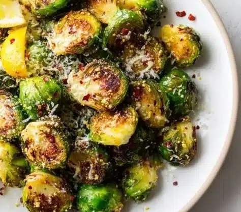 Deliciously roasted Brussels sprouts in a baking dish