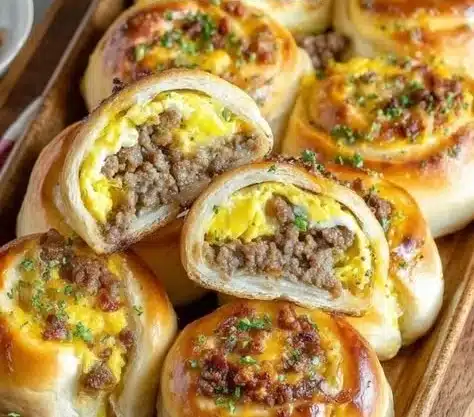 Sausage Egg Breakfast Rolls 28 Sausage egg breakfast rolls on a plate with fresh ingredients