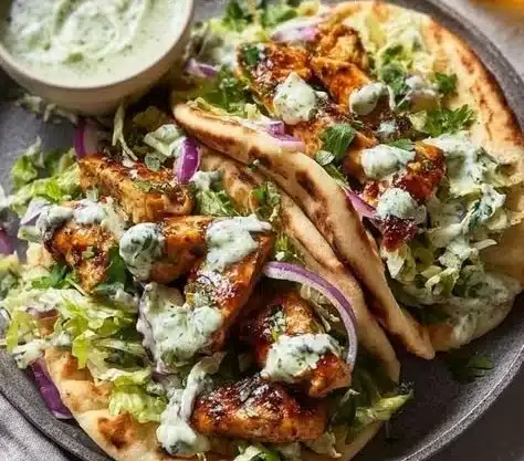 Sheet pan chicken pitas with herby ranch served on a plate