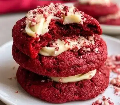 Soft Red Velvet Cookies with White Chocolate Chips 6 Soft red velvet cookies with white chocolate chips on a baking tray