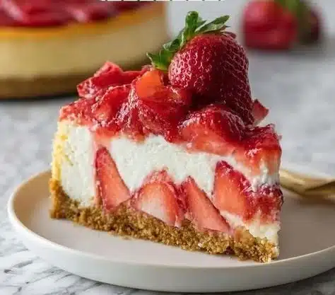 Delicious strawberry cheesecake topped with fresh strawberries and whipped cream