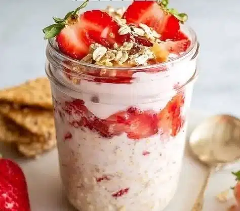 A bowl of strawberry cheesecake overnight oats topped with fresh strawberries.