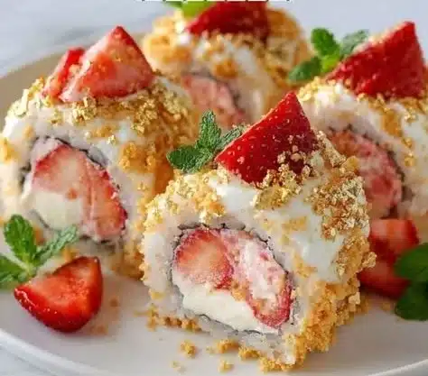 Strawberry shortcake sushi rolls with fresh strawberries and cream filling
