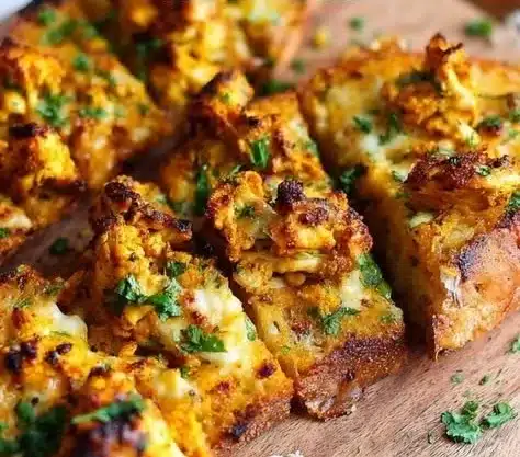 Delicious Tandoori Chicken Garlic Bread served with herbs and spices
