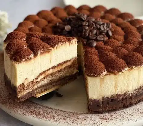 Ultimate tiramisu cheesecake with layers of coffee and cream cheese