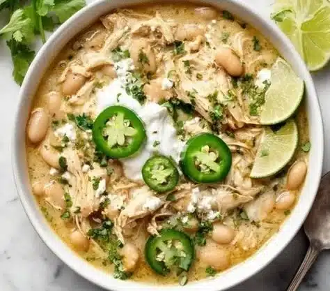 Bowl of hearty white chicken chili with beans and spices